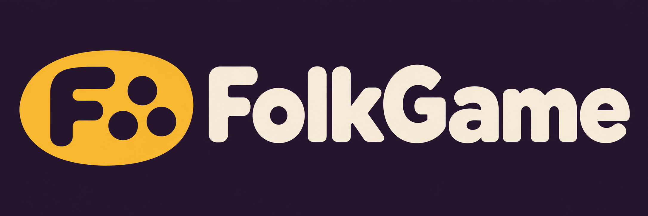 Logo FolkGame: biểu tượng chữ F màu vàng và ba hạt chơi, chữ FolkGame màu kem trên nền tím